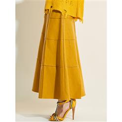 Fashion Women's Yellow High-Waist A-line Faux Leather Long Skirt N15754