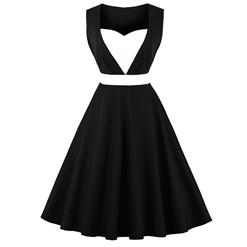 Women's Black 1950s Vintage Sleeveless Sweetheart Neckline Plus Size Patchwork Swing Dress N15736