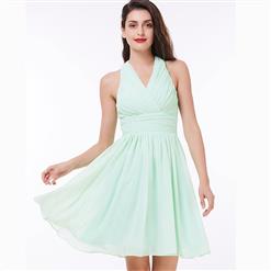 Sleeveless Halter Dress, Draped Ruched Chiffon Dress, Women's Green Backless A-Line Dress, Green Bridesmaid Dress, A-Line Prom Party Dress, Knee Length Chiffon Dress, #N15888