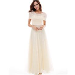 Beige Lace Round Neck Dress, Bride Maxi A-Line Dress, Women's Beige Lace Evening Gowns, Beige Bridesmaid Dress, Short Sleeve Long Prom Dress, #N15914