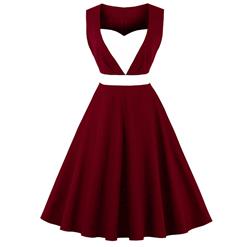 Sleeveless Vintage Dress, Sweetheart Neckline Swing Dress, Plus Size Vintage Dress, 1950s Vintage Dress for Women, Wine-Red Patchwork Vintage Dress, Plus Size Vintage Dress Wine-Red, #N15737