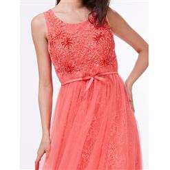 Women's Watermelon Red Sleeveless Appliques Beaded Sequins Prom Evening Gowns N15897