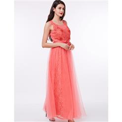 Women's Watermelon Red Sleeveless Appliques Beaded Sequins Prom Evening Gowns N15897