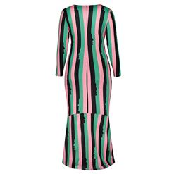 Women's Round Neck Long Sleeve Color-block Stripe Plus Size Maxi Dress N15751