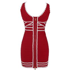 Women's Sexy Red V Neck Wave Edge Bodycon Bandage Party Dress N15636