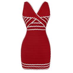 Women's Sexy Red V Neck Wave Edge Bodycon Bandage Party Dress N15636