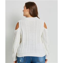 Women's White Round Neck Cold Shoulder Long Sleeve Pullover Plus Size Sweater N15735
