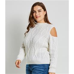 Women's White Round Neck Cold Shoulder Long Sleeve Pullover Plus Size Sweater N15735