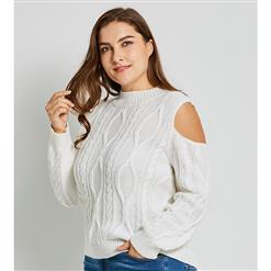 White Long Sleeve Sweater, Women's Round Neck Sweater, Plus Size Pullover Sweater, Casual Pullover Sweater, White Cold Shoulder Sweater, Slim Sweater for Women, #N15735