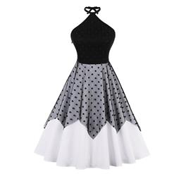 Women's 1950's Vintage Halter Polka Dot Mesh Patchwork Swing Dress N15749