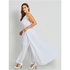Women's White Sleeveless Backless Shoulder Strap Plain Plus Size Jumpsuit N15792