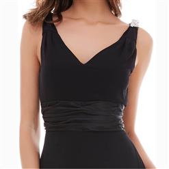 Women's Black Sleeveless V Neck Beaded Ruched Waist Draped Evening Dress N15739