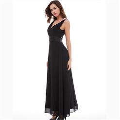 Women's Black Sleeveless V Neck Beaded Ruched Waist Draped Evening Dress N15739