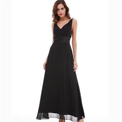 Sleeveless Backless Dress, Black V Neck Dress, Beading Long Dress, Black Draped Dress, Women's Black Maxi Evening Dress, Sashes A-Line Maxi Dress, #N15739
