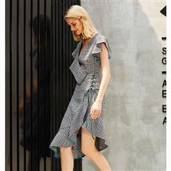 Women's Fashion V Neck Houndstooth Print Asymmetric Falbala Dress N15659