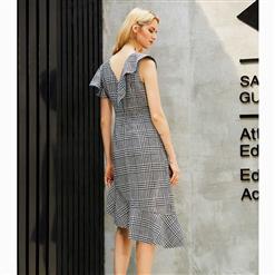 Women's Fashion V Neck Houndstooth Print Asymmetric Falbala Dress N15659