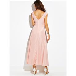 Women's Pink V Neck Sleeveless Empire Waist Floral Print Maxi Dress N15791