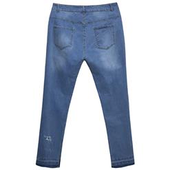 Women's Blue High-Waist Worn Hole Denim Plus Size Jean Pants N15732