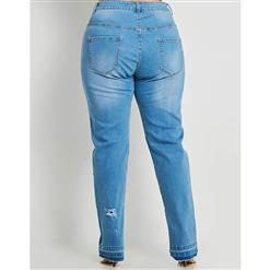 Women's Blue High-Waist Worn Hole Denim Plus Size Jean Pants N15732