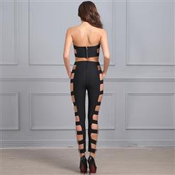 Sexy Black Hollow Out Metal Embellished Two Pieces Set Bandage Pants Set N15214