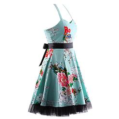 Vintage Sweetheart Neckline Halter Backless Flower Print Casual Swing Knee-length Dress N14857