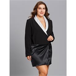 Women's Black Long Sleeve V Neck Lapeled Plus Size Coat Dress N15540