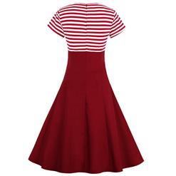 Women's Fashion Vintage Short Sleeve Splicing Swing Dress N14445