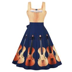 Women's Vintage Shoulder Straps Violin Print Swing Day Dress N15789