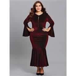 Wine-red Dress Plus Size, V Neck Dress, Bell Sleeve Party Dress, Plus Size Dresses for Women, Polka Dots Dress Plus Size, Sexy Party Dress for Women, #N15538