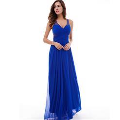 Women's Blue Sleeveless V Neck Backless Beaded Pleated Draped Prom Evening Gowns N15960