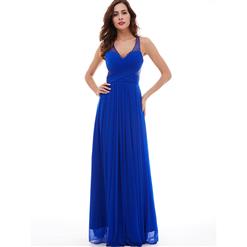 Sleeveless V Neck Long Dress, Backless Beaded A-Line Dress, Women's Blue Chiffon Maxi Evening Gowns, Pleated Draped Long Dress, Blue Beaded Draped Prom Dress, #N15960