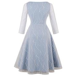 Women's Light-blue Vintage 3/4 Length Sleeve Floral Mesh Swing Dress N15536