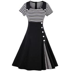 Women's Fashion Vintage Short Sleeve Splicing Swing Dress N14443