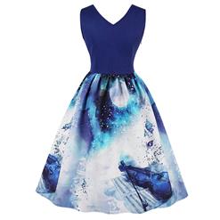 Women's Blue Vintage V Neck Sleeveless Realistic 3D Digital Print Swing Tank Dress N15788