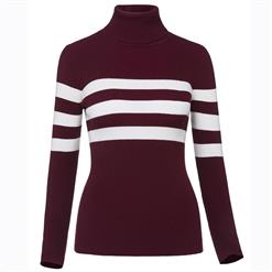 Long Sleeve Pullover Sweater, Turtleneck Stripe Sweater, Slim Pullover Sweater, Women's Plain Casual Sweater, Slim Stripe Pullover Sweater, #N15811