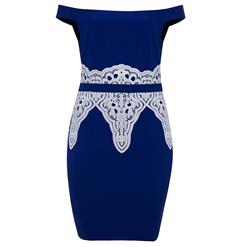 Women's Blue Off Shoulder Lace Appliques Plus Size Bodycon Dress N15729