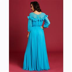 Women's Elegant Long Sleeve Round Neck Pleated Maxi Dress N15601