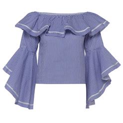 Women's Off Shoulder Flare Sleeve Stripe Pullover Plus Size Blouse N15784