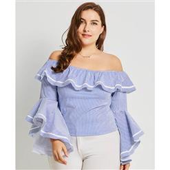 Women's Off Shoulder Flare Sleeve Stripe Pullover Plus Size Blouse N15784