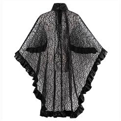 Women's Black Stand Collar Lace Falbala Buckle Lace-up Cape N15797