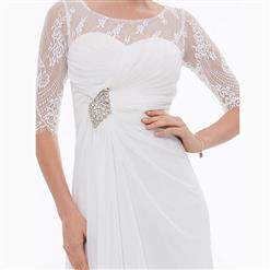 Women's White Half Sleeve Round Neck Beaded Ruched Evening Dress N15755