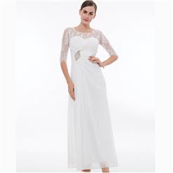 Women's White Half Sleeve Round Neck Beaded Ruched Evening Dress N15755