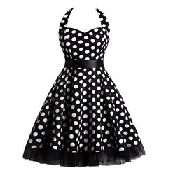 Vintage Sweetheart Neckline Halter Backless Polka Dot Casual Swing Knee-length Dress N14841