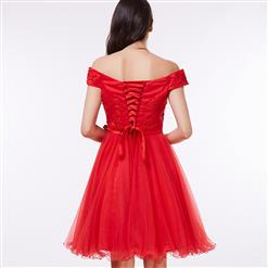 Women's Red Off The Shoulder Appliques Lace-up Cocktail Dress N15826