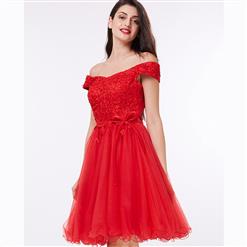 Women's Red Off The Shoulder Appliques Lace-up Cocktail Dress N15826