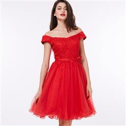 Red Off The Shoulder Dress, Appliques Lace-up Midi Dress, Red Lace-up A-Line Dress, Women's Red Midi Party Dress, Elegant Appliques A-Line Dress, #N15826