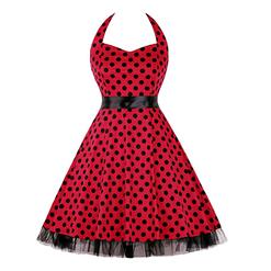 Vintage Sweetheart Neckline Halter Backless Polka Dot Casual Swing Knee-length Dress N14840