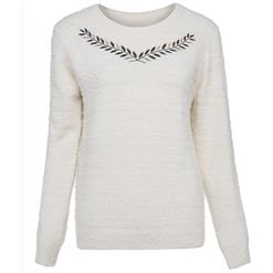 Women's White Round Neck Long Sleeve Plant Embroidery Pullover Sweater N15320