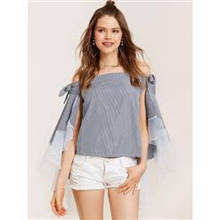 Sexy Blouse Tops, Blue Blouse for Women, Off Shoulder Tops for women, Slash Neck Blouses, Office Lady Casual Blouses, #N14518
