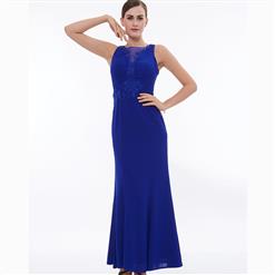 Women's Blue Sleeveless Round Neck Appliques Sheath Prom Evening Gowns N15880